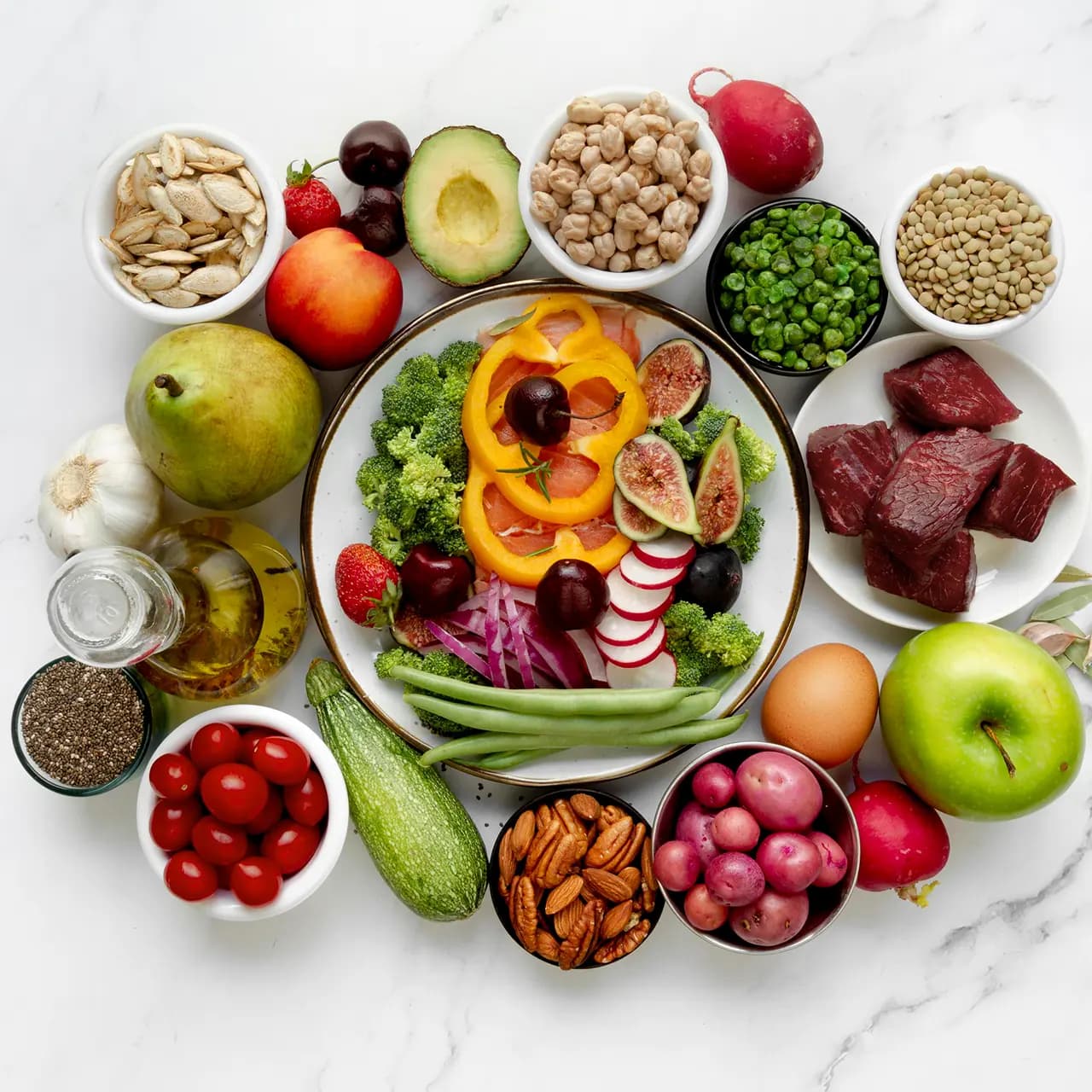 Overhead shot of colourful vegetables and healthy foods prepared for the daycare’s nutritious meal program.